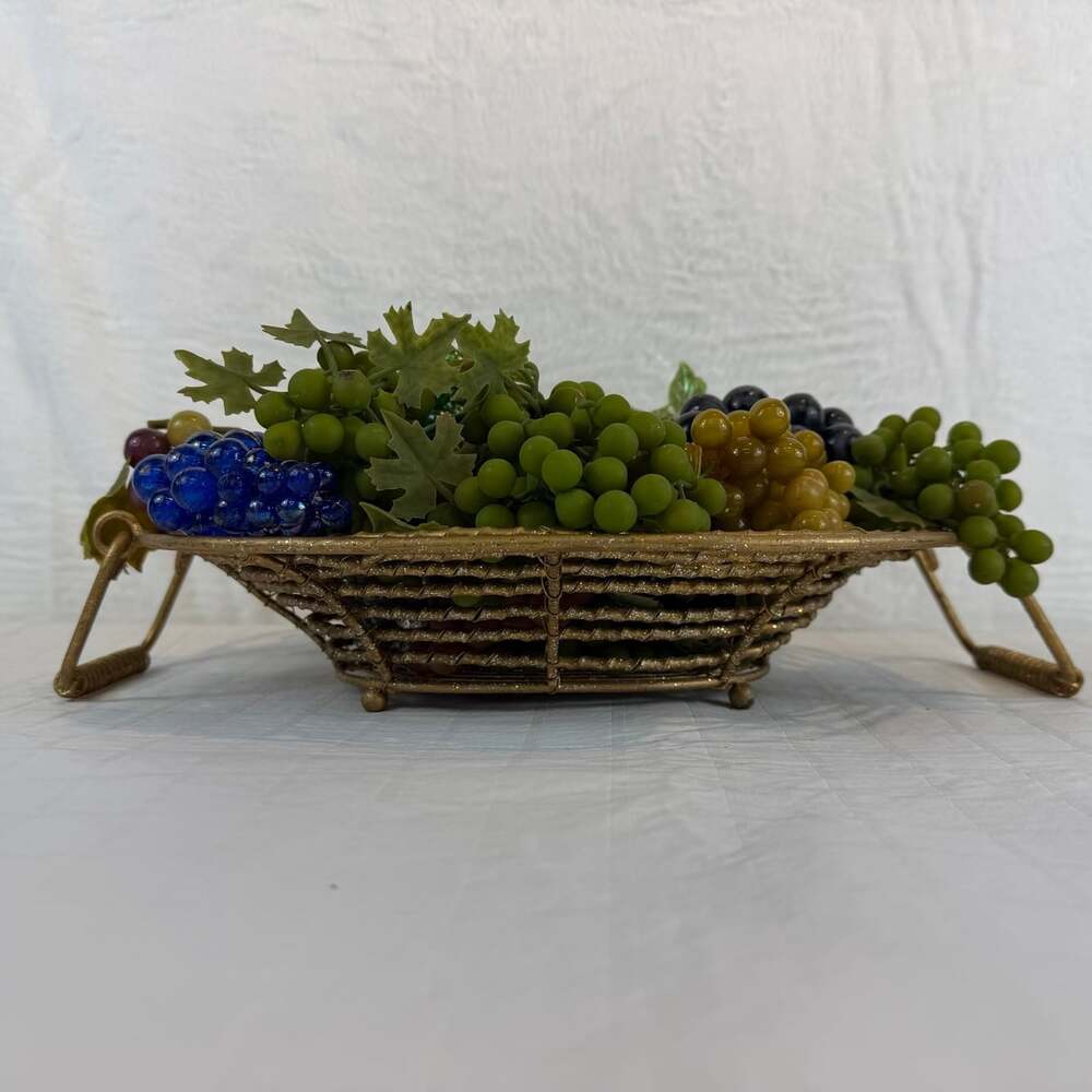 vintage decorative wire basket w/ mixed lot of rubber and plastic faux grapes